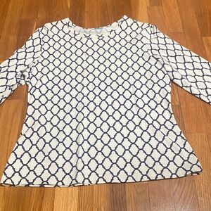 J. McLaughlin Navy and White Geometric 3/4 Sleeve Top